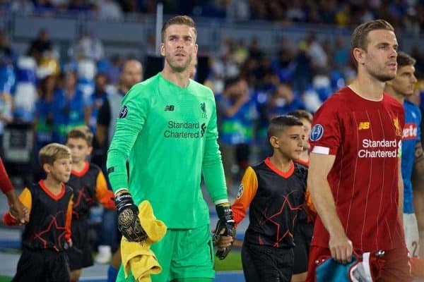 NAPLES, ITALY - Tuesday, September 17, 2019: Liverpool's goalkeeper Adrián San Miguel del Castillo walks out before the UEFA Champions League Group E match between SSC Napoli and Liverpool FC at the Studio San Paolo. (Pic by David Rawcliffe/Propaganda)