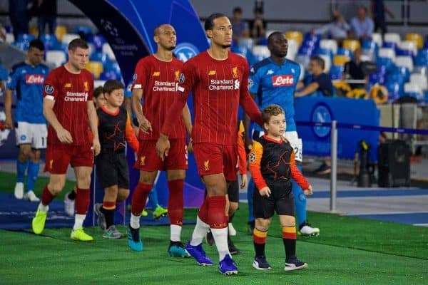 NAPLES, ITALY - Tuesday, September 17, 2019: Liverpool's Virgil van Dijk walks out before the UEFA Champions League Group E match between SSC Napoli and Liverpool FC at the Studio San Paolo. (Pic by David Rawcliffe/Propaganda)