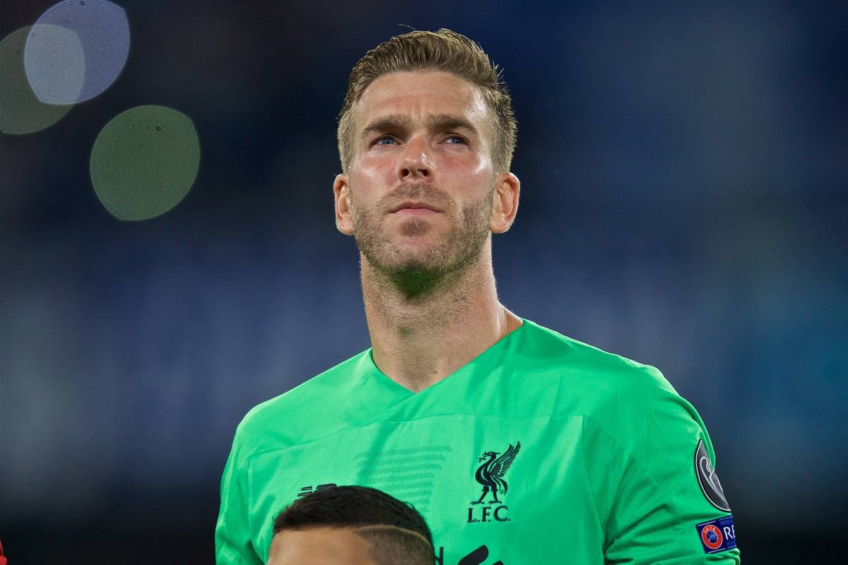 NAPLES, ITALY - Tuesday, September 17, 2019: Liverpool's goalkeeper Adrián San Miguel del Castillo lines-up before the UEFA Champions League Group E match between SSC Napoli and Liverpool FC at the Studio San Paolo. (Pic by David Rawcliffe/Propaganda)