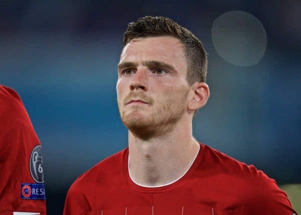 NAPLES, ITALY - Tuesday, September 17, 2019: Liverpool's Andy Robertson lines-up before the UEFA Champions League Group E match between SSC Napoli and Liverpool FC at the Studio San Paolo. (Pic by David Rawcliffe/Propaganda)