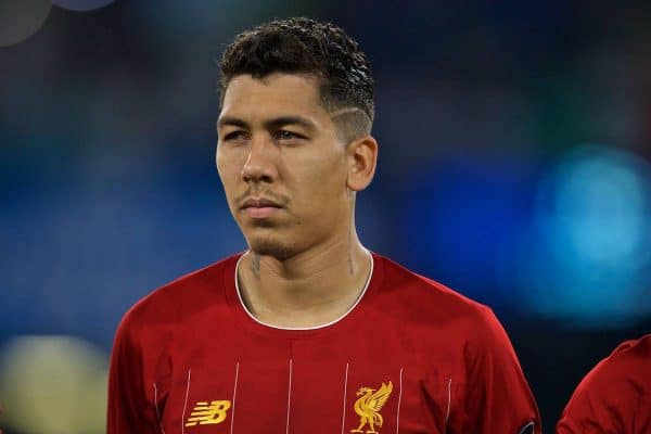 NAPLES, ITALY - Tuesday, September 17, 2019: Liverpool's Roberto Firmino lines-up before the UEFA Champions League Group E match between SSC Napoli and Liverpool FC at the Studio San Paolo. (Pic by David Rawcliffe/Propaganda)