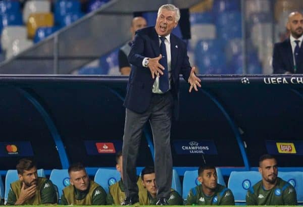 NAPLES, ITALY - Tuesday, September 17, 2019: SSC Napoli's head coach Carlo Ancelotti during the UEFA Champions League Group E match between SSC Napoli and Liverpool FC at the Studio San Paolo. (Pic by David Rawcliffe/Propaganda)