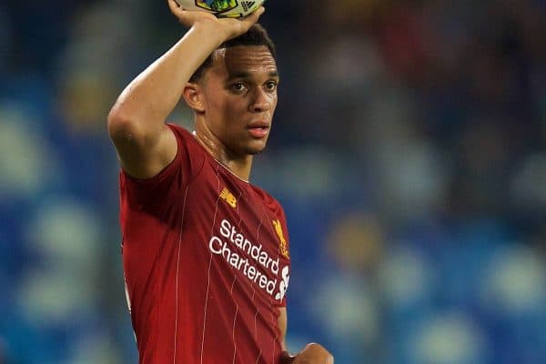 NAPLES, ITALY - Tuesday, September 17, 2019: Liverpool's Trent Alexander-Arnold prepares to take a throw-in during the UEFA Champions League Group E match between SSC Napoli and Liverpool FC at the Studio San Paolo. (Pic by David Rawcliffe/Propaganda)