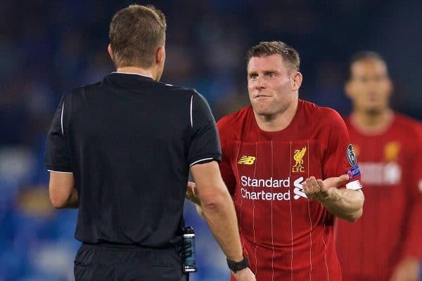 NAPLES, ITALY - Tuesday, September 17, 2019: Liverpool's James Milner remonstrates with referee Felix Brych during the UEFA Champions League Group E match between SSC Napoli and Liverpool FC at the Studio San Paolo. (Pic by David Rawcliffe/Propaganda)