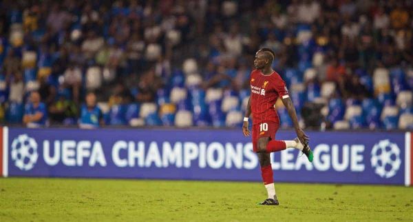 NAPLES, ITALY - Tuesday, September 17, 2019: Liverpool's Sadio Mane puts his boot back on during the UEFA Champions League Group E match between SSC Napoli and Liverpool FC at the Studio San Paolo. (Pic by David Rawcliffe/Propaganda)