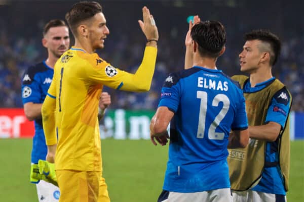 NAPLES, ITALY - Tuesday, September 17, 2019: SSC Napoli's Fernando Llorente and Giovanni Di Lorenzo applaud the supporters after the UEFA Champions League Group E match between SSC Napoli and Liverpool FC at the Studio San Paolo. Napoli won 2-0. (Pic by David Rawcliffe/Propaganda)