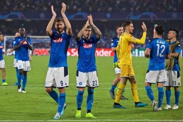 NAPLES, ITALY - Tuesday, September 17, 2019: SSC Napoli's Fernando Llorente and Giovanni Di Lorenzo applaud the supporters after the UEFA Champions League Group E match between SSC Napoli and Liverpool FC at the Studio San Paolo. Napoli won 2-0. (Pic by David Rawcliffe/Propaganda)