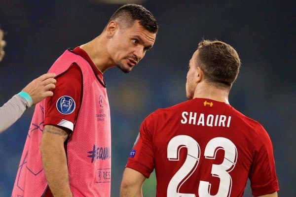 NAPLES, ITALY - Tuesday, September 17, 2019: Liverpool's Dejan Lovren (L) and Xherdan Shaqiri during the UEFA Champions League Group E match between SSC Napoli and Liverpool FC at the Studio San Paolo. (Pic by David Rawcliffe/Propaganda)