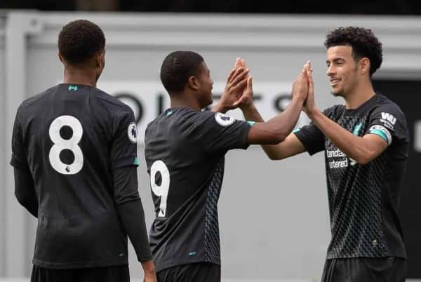 BOREHAMWOOD, ENGLAND - Saturday, September 28, 2019: Liverpool's Curtis Jones (R) celebrates scoring with team-mate Rhian Brewster during the Under-23 FA Premier League 2 Division 1 match between Arsenal FC and Liverpool FC at Meadow Park. (Pic by Kunjan Malde/Propaganda)