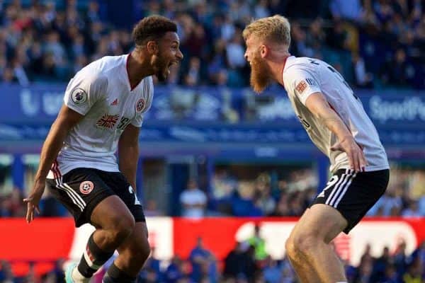 LIVERPOOL, ENGLAND - Saturday, September 21, 2019: Sheffield United's Lys Mousset (L) celebrates scoring the second goal with team-mate Oliver McBurnie during the FA Premier League match between Everton FC and Sheffield United FC at Goodison Park. Sheffield United won 2-0. (Pic by David Rawcliffe/Propaganda)