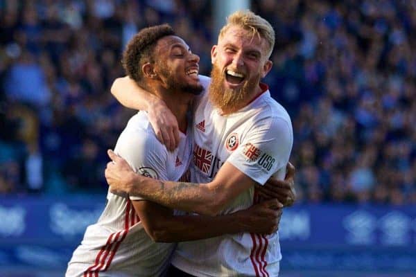 LIVERPOOL, ENGLAND - Saturday, September 21, 2019: Sheffield United's Lys Mousset (L) celebrates scoring the second goal with team-mate Oliver McBurnie during the FA Premier League match between Everton FC and Sheffield United FC at Goodison Park. Sheffield United won 2-0. (Pic by David Rawcliffe/Propaganda)