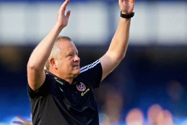 LIVERPOOL, ENGLAND - Saturday, September 21, 2019: Sheffield United's manager Chris Wilder celebrates his side's victory after the FA Premier League match between Everton FC and Sheffield United FC at Goodison Park. Sheffield United won 2-0. (Pic by David Rawcliffe/Propaganda)