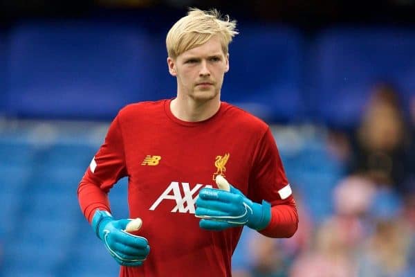 LONDON, ENGLAND - Sunday, September 22, 2019: Liverpool's goalkeeper Caoimhin Kelleher during the pre-match warm-up before the FA Premier League match between Chelsea's FC and Liverpool FC at Stamford Bridge. (Pic by David Rawcliffe/Propaganda)