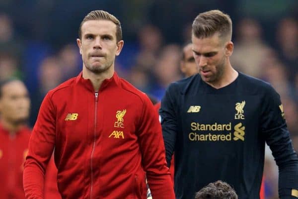 LONDON, ENGLAND - Sunday, September 22, 2019: Liverpool's captain Jordan Henderson leads his side out before the FA Premier League match between Chelsea FC and Liverpool FC at Stamford Bridge. (Pic by David Rawcliffe/Propaganda)