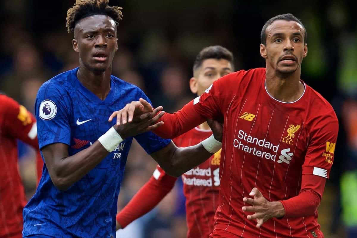 LONDON, ENGLAND - Sunday, September 22, 2019: Chelsea's Tammy Abraham (L) and Liverpool's Joel Matip during the FA Premier League match between Chelsea FC and Liverpool FC at Stamford Bridge. (Pic by David Rawcliffe/Propaganda)