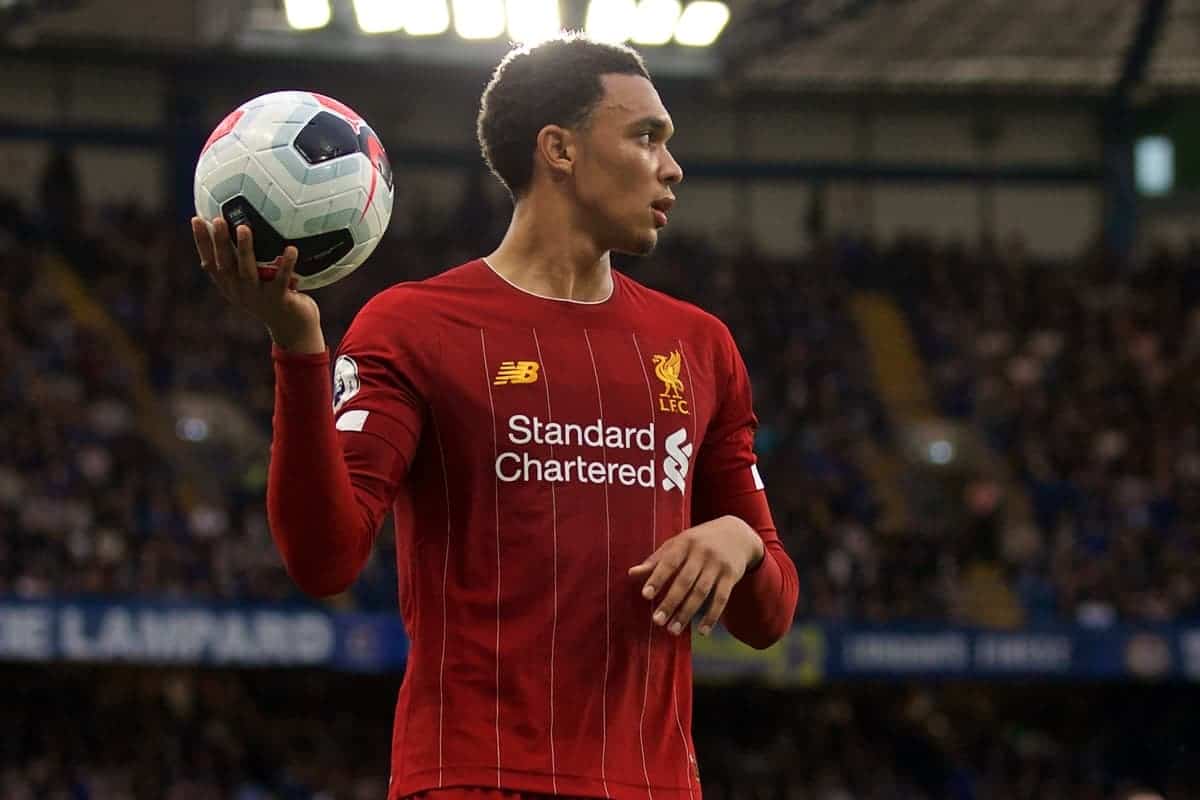 LONDON, ENGLAND - Sunday, September 22, 2019: Liverpool's Trent Alexander-Arnold prepares to take a throw-in during the FA Premier League match between Chelsea's FC and Liverpool FC at Stamford Bridge. (Pic by David Rawcliffe/Propaganda)