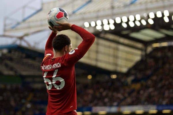 LONDON, ENGLAND - Sunday, September 22, 2019: Liverpool's Trent Alexander-Arnold prepares to take a throw-in during the FA Premier League match between Chelsea's FC and Liverpool FC at Stamford Bridge. (Pic by David Rawcliffe/Propaganda)