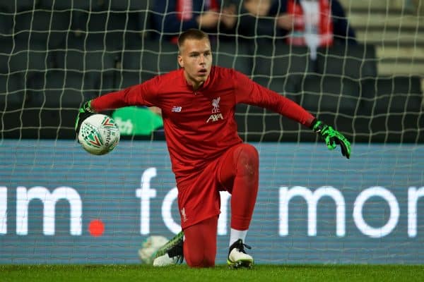 MILTON KEYNES, ENGLAND - Wednesday, September 25, 2019: Liverpool's goalkeeper Jakub Ojrzynski during the pre-match warm-up before the Football League Cup 3rd Round match between MK Dons FC and Liverpool FC at Stadium MK. (Pic by David Rawcliffe/Propaganda)