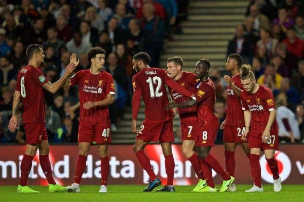 MILTON KEYNES, ENGLAND - Wednesday, September 25, 2019: Liverpool's James Milner (#7) celebrates scoring the first goal with team-mates during the Football League Cup 3rd Round match between MK Dons FC and Liverpool FC at Stadium MK. (Pic by David Rawcliffe/Propaganda)