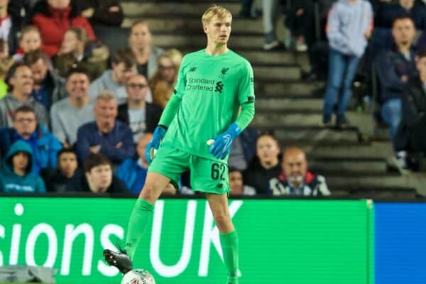 MILTON KEYNES, ENGLAND - Wednesday, September 25, 2019: Liverpool's goalkeeper Caoimhin Kelleher during the Football League Cup 3rd Round match between MK Dons FC and Liverpool FC at Stadium MK. (Pic by David Rawcliffe/Propaganda)