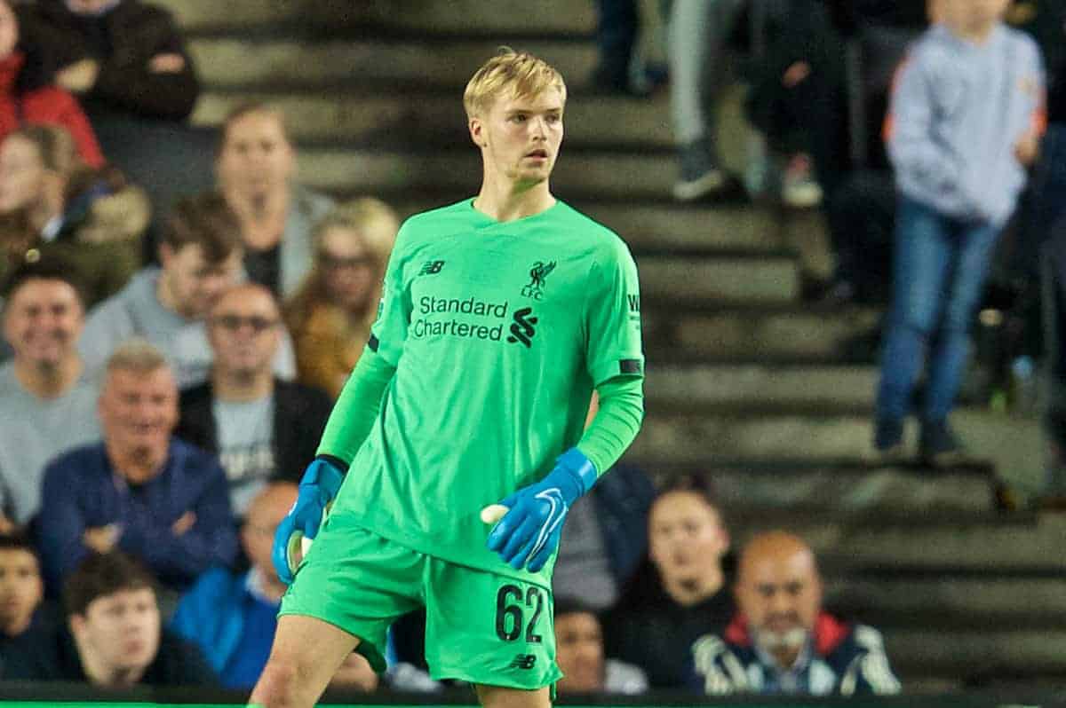 MILTON KEYNES, ENGLAND - Wednesday, September 25, 2019: Liverpool's goalkeeper Caoimhin Kelleher during the Football League Cup 3rd Round match between MK Dons FC and Liverpool FC at Stadium MK. (Pic by David Rawcliffe/Propaganda)