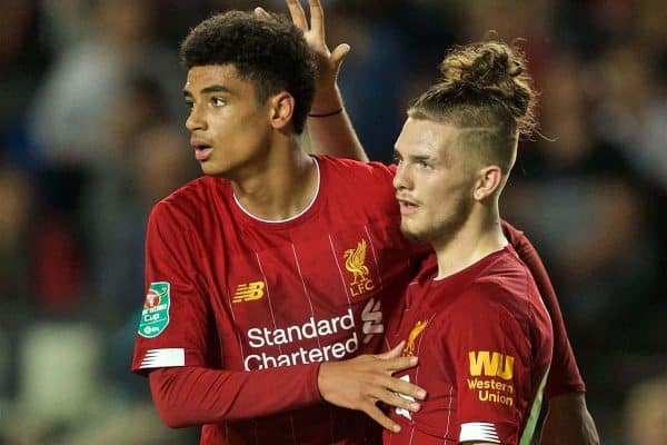 MILTON KEYNES, ENGLAND - Wednesday, September 25, 2019: Liverpool's Ki-Jana Hoever (L) celebrates scoring the second goal with team-mate Harvey Elliott during the Football League Cup 3rd Round match between MK Dons FC and Liverpool FC at Stadium MK. (Pic by David Rawcliffe/Propaganda)