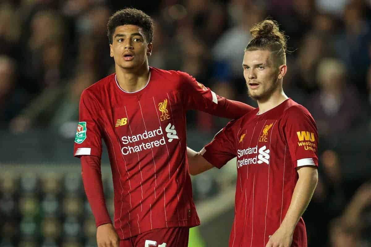 MILTON KEYNES, ENGLAND - Wednesday, September 25, 2019: Liverpool's Ki-Jana Hoever (L) celebrates scoring the second goal with team-mate Harvey Elliott during the Football League Cup 3rd Round match between MK Dons FC and Liverpool FC at Stadium MK. (Pic by David Rawcliffe/Propaganda)