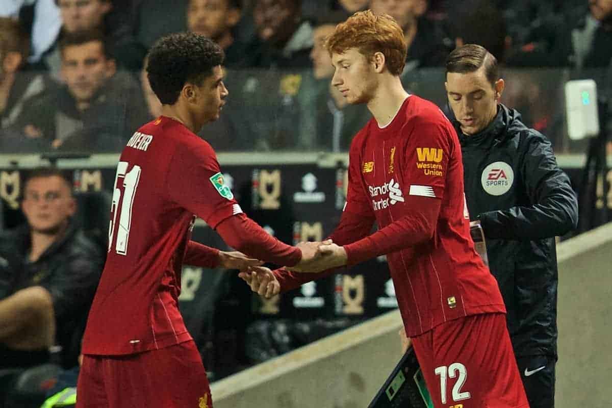 MILTON KEYNES, ENGLAND - Wednesday, September 25, 2019: Liverpool's Ki-Jana Hoever is replaced by substitute Sepp Van Den Berg during the Football League Cup 3rd Round match between MK Dons FC and Liverpool FC at Stadium MK. (Pic by David Rawcliffe/Propaganda)