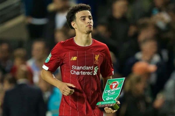 MILTON KEYNES, ENGLAND - Wednesday, September 25, 2019: Liverpool's Curtis Jones with the man-of-the-match award after the Football League Cup 3rd Round match between MK Dons FC and Liverpool FC at Stadium MK. Liverpool won 2-0. (Pic by David Rawcliffe/Propaganda)