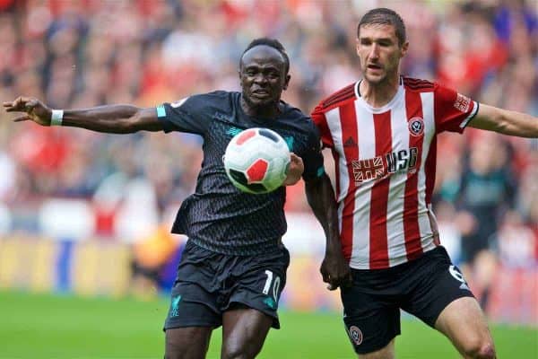 SHEFFIELD, ENGLAND - Thursday, September 26, 2019: Liverpool's Sadio Mane (L) and Sheffield United's Chris Basham during the FA Premier League match between Sheffield United FC and Liverpool FC at Bramall Lane. (Pic by David Rawcliffe/Propaganda)