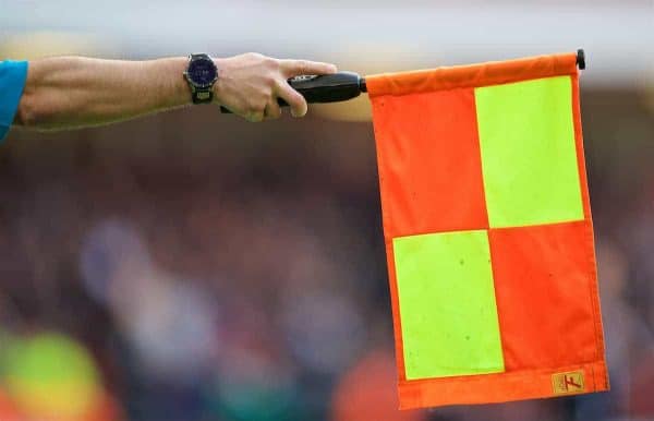 SHEFFIELD, ENGLAND - Thursday, September 26, 2019: The assistant referee holds his flag out whilst wearing a Tag Heuer watch during the FA Premier League match between Sheffield United FC and Liverpool FC at Bramall Lane. (Pic by David Rawcliffe/Propaganda)