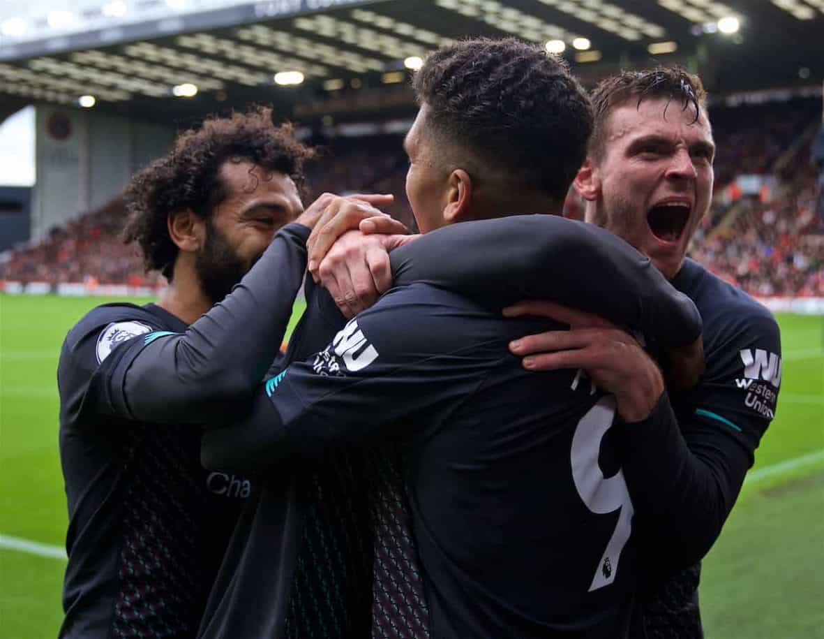 SHEFFIELD, ENGLAND - Thursday, September 26, 2019: Liverpool's Georginio Wijnaldum (hidden) celebrates scoring the only goal of the game with team-mates Mohamed Salah, (L), Roberto Firmino (#9) and Andy Robertson (R) during the FA Premier League match between Sheffield United FC and Liverpool FC at Bramall Lane. Liverpool won 1-0. (Pic by David Rawcliffe/Propaganda)