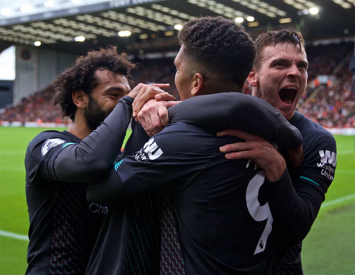 SHEFFIELD, ENGLAND - Thursday, September 26, 2019: Liverpool's Georginio Wijnaldum (hidden) celebrates scoring the only goal of the game with team-mates Mohamed Salah, (L), Roberto Firmino (#9) and Andy Robertson (R) during the FA Premier League match between Sheffield United FC and Liverpool FC at Bramall Lane. Liverpool won 1-0. (Pic by David Rawcliffe/Propaganda)