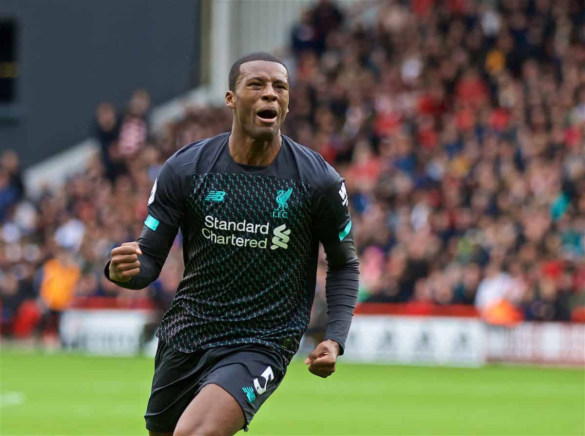 SHEFFIELD, ENGLAND - Thursday, September 26, 2019: Liverpool's Georginio Wijnaldum celebrates scoring the only goal of the game during the FA Premier League match between Sheffield United FC and Liverpool FC at Bramall Lane. Liverpool won 1-0. (Pic by David Rawcliffe/Propaganda)