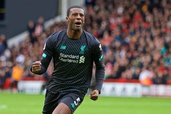 SHEFFIELD, ENGLAND - Thursday, September 26, 2019: Liverpool's Georginio Wijnaldum celebrates scoring the only goal of the game during the FA Premier League match between Sheffield United FC and Liverpool FC at Bramall Lane. Liverpool won 1-0. (Pic by David Rawcliffe/Propaganda)