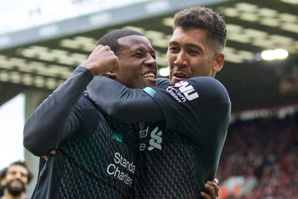 SHEFFIELD, ENGLAND - Thursday, September 26, 2019: Liverpool's Georginio Wijnaldum (L) celebrates scoring the only goal of the game with team-mate Roberto Firmino during the FA Premier League match between Sheffield United FC and Liverpool FC at Bramall Lane. Liverpool won 1-0. (Pic by David Rawcliffe/Propaganda)
