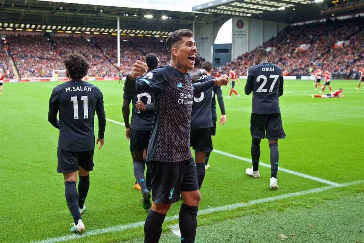 SHEFFIELD, ENGLAND - Thursday, September 26, 2019: Liverpool's Roberto Firmino celebrates after his team-mate Georginio Wijnaldum (not shown) scored the only goal of the game during the FA Premier League match between Sheffield United FC and Liverpool FC at Bramall Lane. Liverpool won 1-0. (Pic by David Rawcliffe/Propaganda)