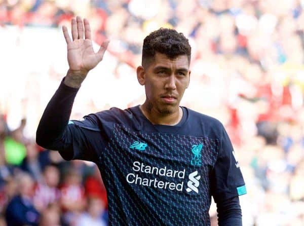 SHEFFIELD, ENGLAND - Thursday, September 26, 2019: Liverpool's Roberto Firmino waves to supporters as he is substituted during the FA Premier League match between Sheffield United FC and Liverpool FC at Bramall Lane. (Pic by David Rawcliffe/Propaganda)