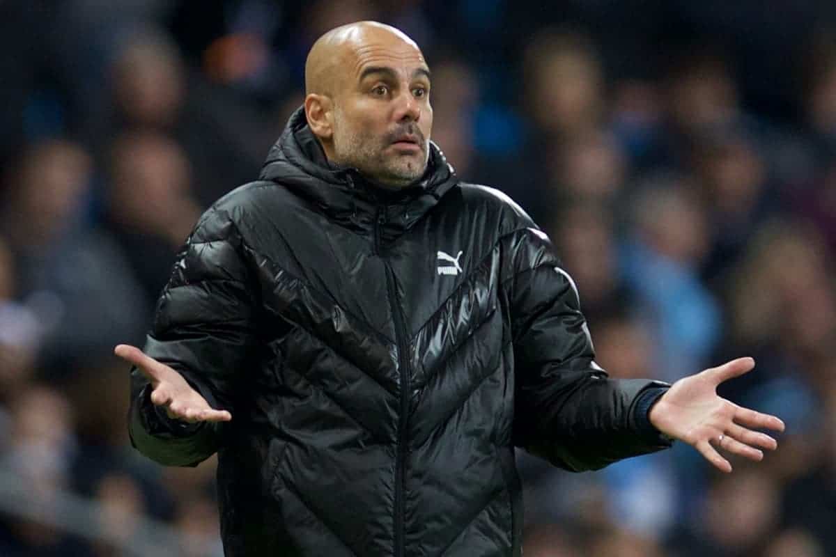 MANCHESTER, ENGLAND - Tuesday, October 1, 2019: Manchester City's head coach Pep Guardiola reacts during the UEFA Champions League Group C match between Manchester City FC and GNK Dinamo Zagreb at the City of Manchester Stadium. (Pic by David Rawcliffe/Propaganda)