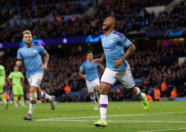 MANCHESTER, ENGLAND - Tuesday, October 1, 2019: Manchester City's Raheem Sterling celebrates scoring the first goal during the UEFA Champions League Group C match between Manchester City FC and GNK Dinamo Zagreb at the City of Manchester Stadium. MK Dons won 2-0. (Pic by David Rawcliffe/Propaganda)