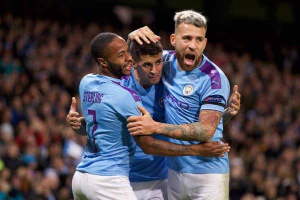 MANCHESTER, ENGLAND - Tuesday, October 1, 2019: Manchester City's Raheem Sterling (L) celebrates scoring the first goal with team-mates João Cancelo (C) and Nicolás Otamendi (R) during the UEFA Champions League Group C match between Manchester City FC and GNK Dinamo Zagreb at the City of Manchester Stadium. (Pic by David Rawcliffe/Propaganda)