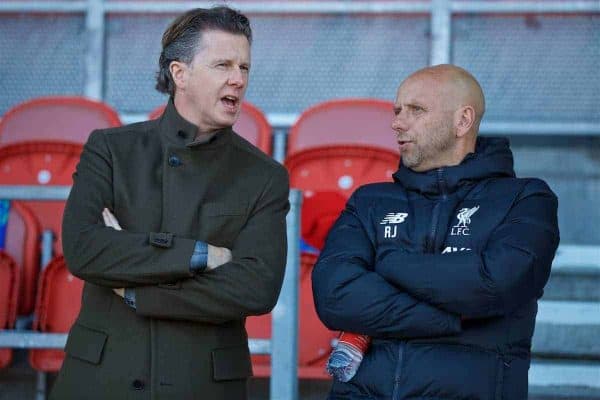 ST HELENS, ENGLAND - Wednesday, October 2, 2019: Former Liverpool players Steve McManaman (L) and Rob Jones during the UEFA Youth League Group E match between Liverpool FC Under-19's and FC Salzburg Under-19's at Langtree Park. (Pic by David Rawcliffe/Propaganda)