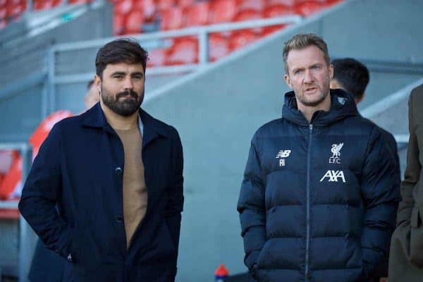 ST HELENS, ENGLAND - Wednesday, October 2, 2019: Liverpool's elite development coach Vitor Matos (L) and Academy Director Alex Inglethorpe (R) before the UEFA Youth League Group E match between Liverpool FC Under-19's and FC Salzburg Under-19's at Langtree Park. (Pic by David Rawcliffe/Propaganda)