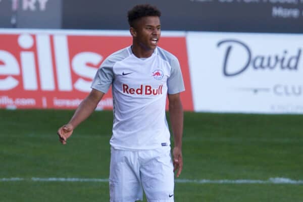 ST HELENS, ENGLAND - Wednesday, October 2, 2019: FC Salzburg's Karim Adeyemi celebrates scoring the first goal during the UEFA Youth League Group E match between Liverpool FC Under-19's and FC Salzburg Under-19's at Langtree Park. (Pic by David Rawcliffe/Propaganda)