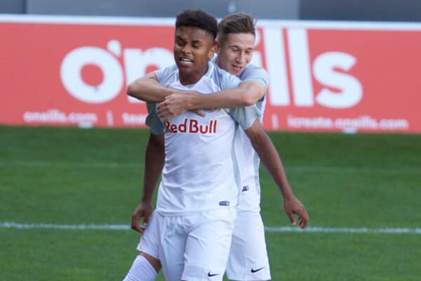 ST HELENS, ENGLAND - Wednesday, October 2, 2019: FC Salzburg's Karim Adeyemi celebrates scoring the first goal during the UEFA Youth League Group E match between Liverpool FC Under-19's and FC Salzburg Under-19's at Langtree Park. (Pic by David Rawcliffe/Propaganda)