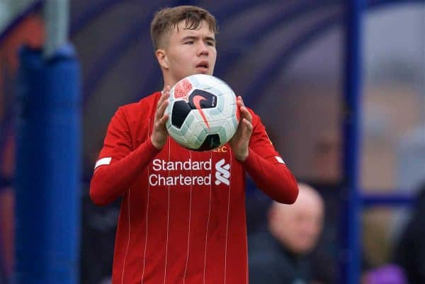 LIVERPOOL, ENGLAND - Saturday, October 5, 2019: Liverpool's Jack Walls prepares to take a throw-in during the Under-18 FA Premier League match between Everton FC and Liverpool FC at Finch Farm. (Pic by David Rawcliffe/Propaganda)