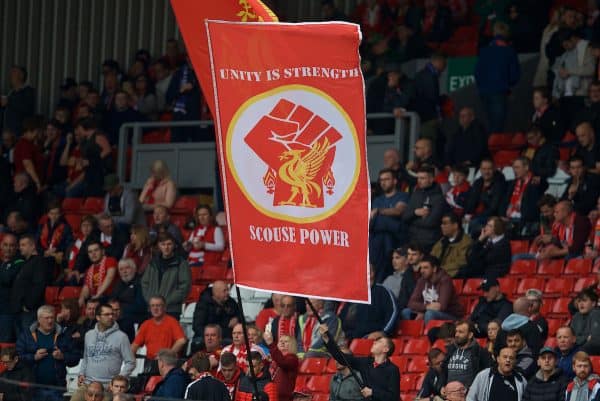 LIVERPOOL, ENGLAND - Saturday, October 5, 2019: A Liverpool supporter's flag "Unity is Strength, Scouse Power" on the Spion Kop before the FA Premier League match between Liverpool FC and Leicester City FC at Anfield. (Pic by David Rawcliffe/Propaganda)