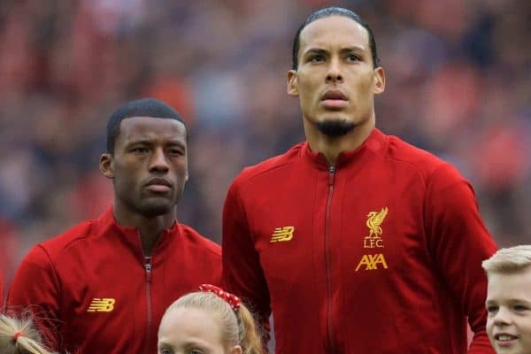 LIVERPOOL, ENGLAND - Saturday, October 5, 2019: Liverpool's Georginio Wijnaldum and Virgil van Dijk line-up before the FA Premier League match between Liverpool FC and Leicester City FC at Anfield. (Pic by David Rawcliffe/Propaganda)