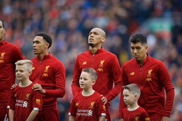 LIVERPOOL, ENGLAND - Saturday, October 5, 2019: Liverpool's Trent Alexander-Arnold, Fabio Henrique Tavares 'Fabinho' and Roberto Firmino line-up before the FA Premier League match between Liverpool FC and Leicester City FC at Anfield. (Pic by David Rawcliffe/Propaganda)