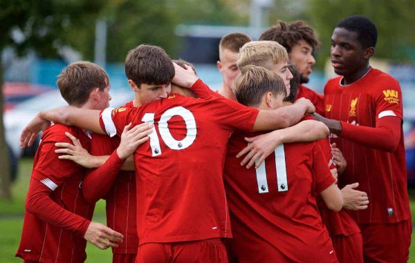 LIVERPOOL, ENGLAND - Saturday, October 5, 2019: Liverpool's Layton Stewart celebrates after scoring the second goal from a penalty kick during the Under-18 FA Premier League match between Everton FC and Liverpool FC at Finch Farm. (Pic by David Rawcliffe/Propaganda)